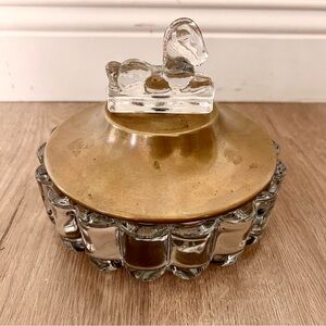 RARE Vintage Crystal Candy Box Bowl & Brass Lid with Horse Figural Topper 7”‎